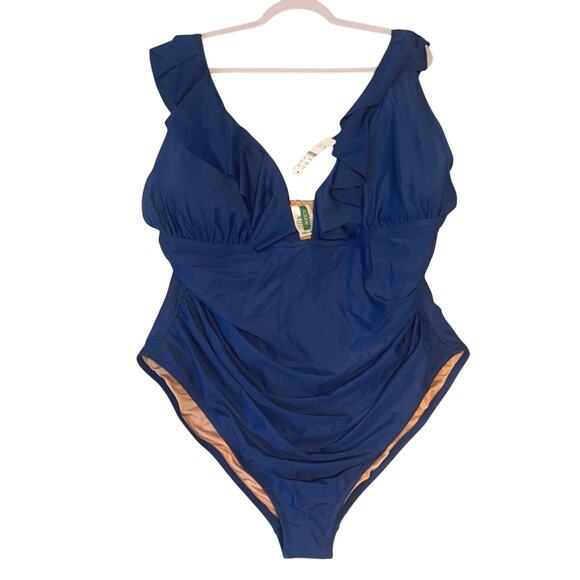 NWT J.Crew Blue Ruched Ruffle V-Neck One Piece Swimsuit Women’s 24 - Picture 4 of 6